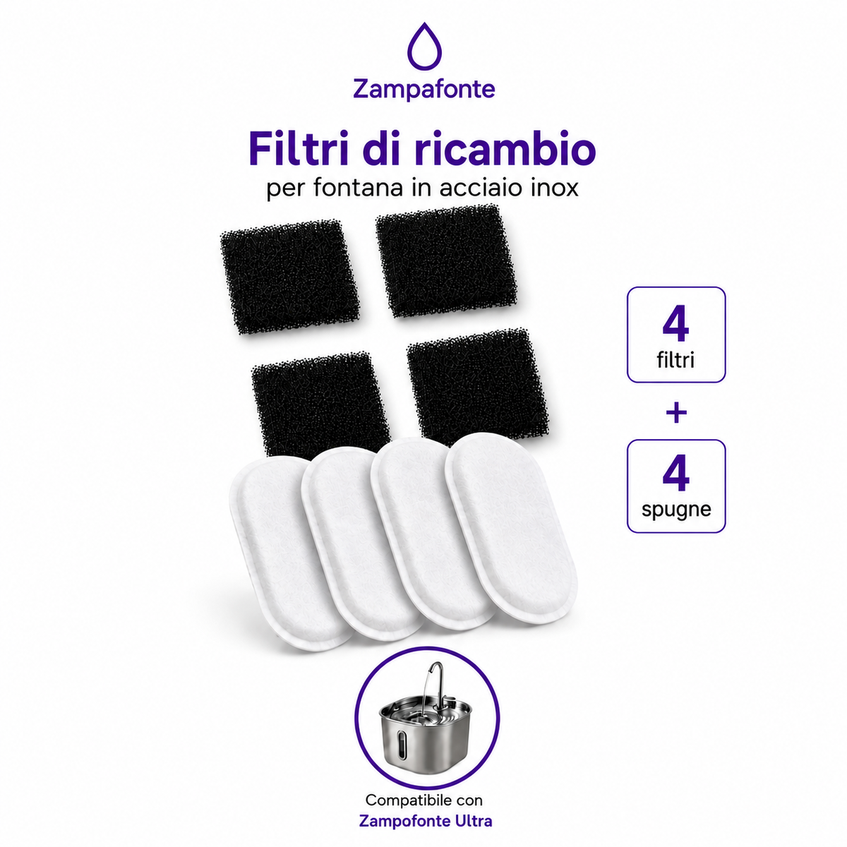 Filtri di ricambio per fontanella Zampafonte — Confezione da 4