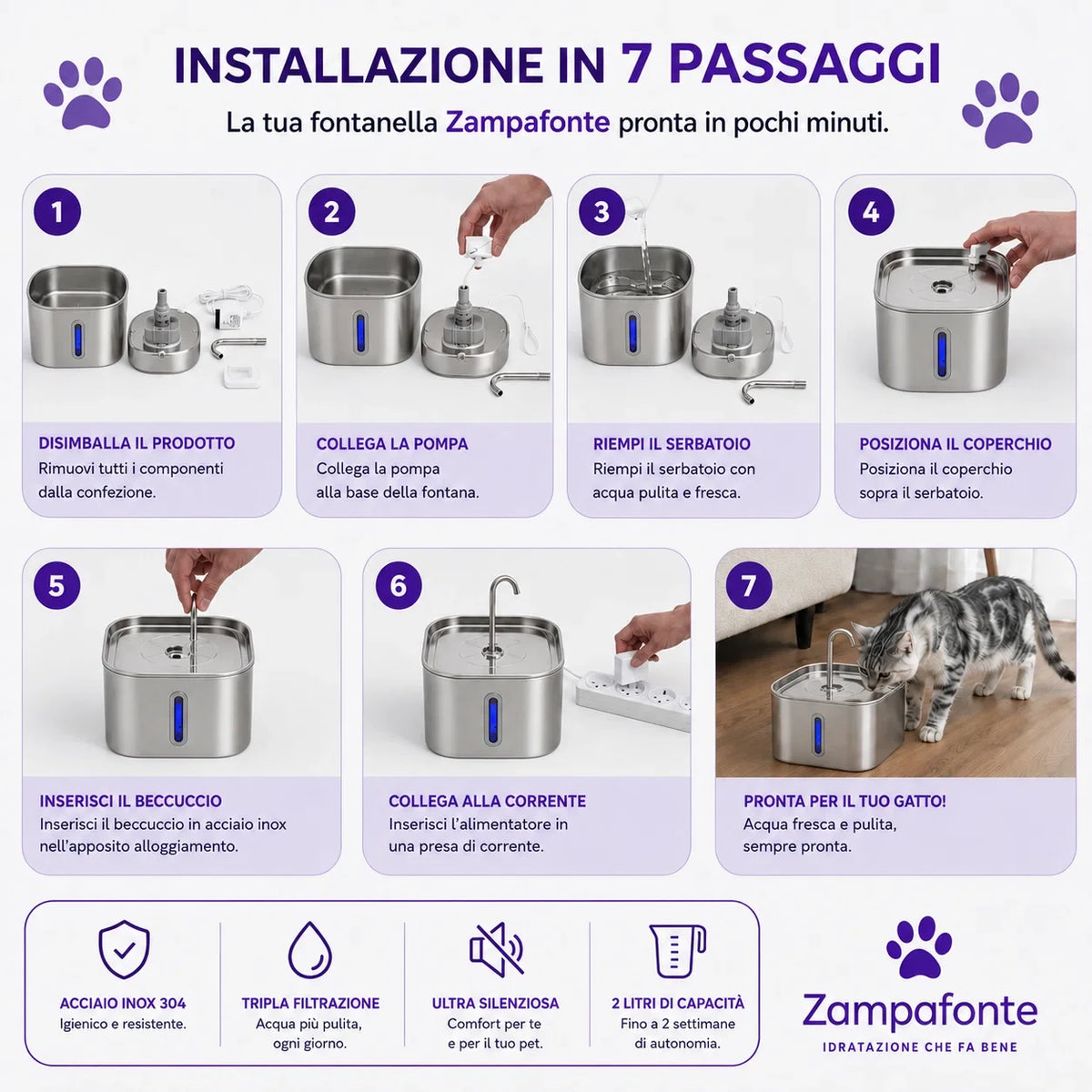 Fontanella per Gatti 2,2L in Acciaio Inox