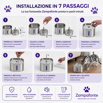 Fontanella per Gatti 2,2L in Acciaio Inox
